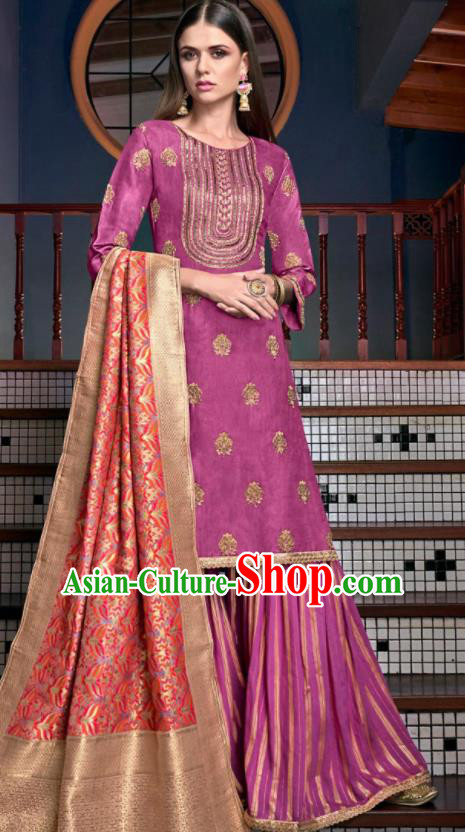 Asian Indian Punjabis Embroidered Purple Tussar Silk Blouse and Pants India Traditional Lehenga Choli Costumes Complete Set for Women