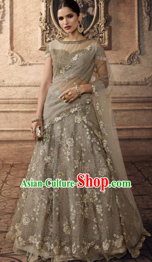 Traditional Indian Lehenga Embroidered Grey Dress Asian India National Festival Costumes for Women