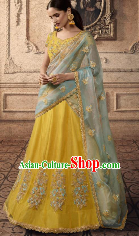 Traditional Indian Lehenga Embroidered Yellow Dress Asian India National Festival Costumes for Women