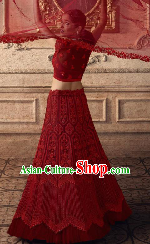 Traditional Indian Lehenga Embroidered Red Dress Asian India National Festival Costumes for Women
