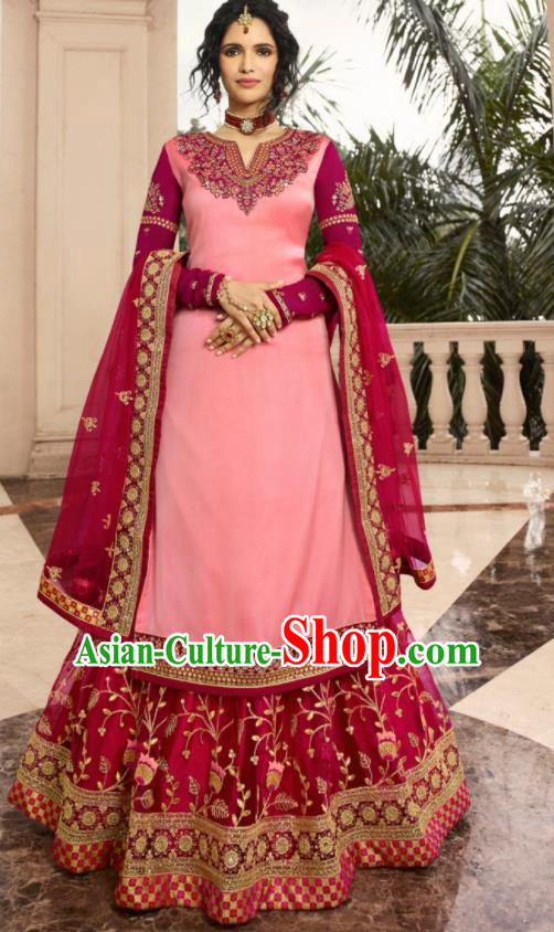 Asian Indian Punjabis Pink Satin Blouse and Wine Red Skirt India Traditional Lehenga Choli Costumes Complete Set for Women