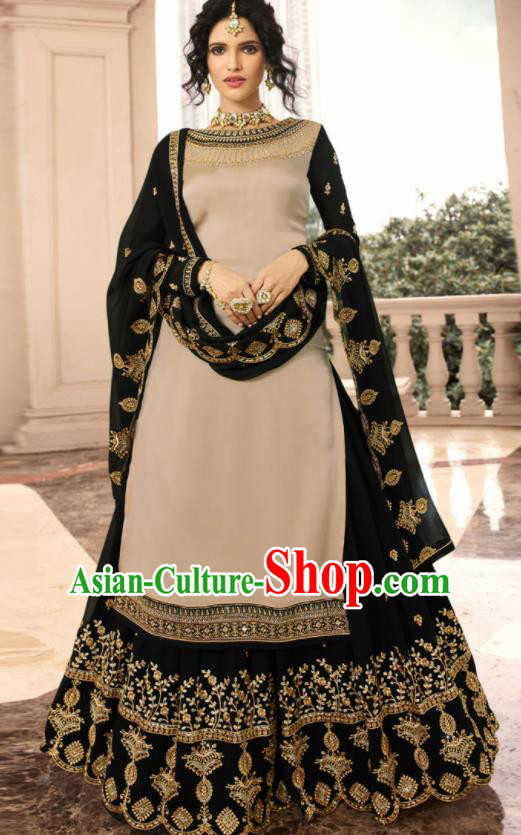 Asian Indian Punjabis Khaki Satin Blouse and Black Skirt India Traditional Lehenga Choli Costumes Complete Set for Women