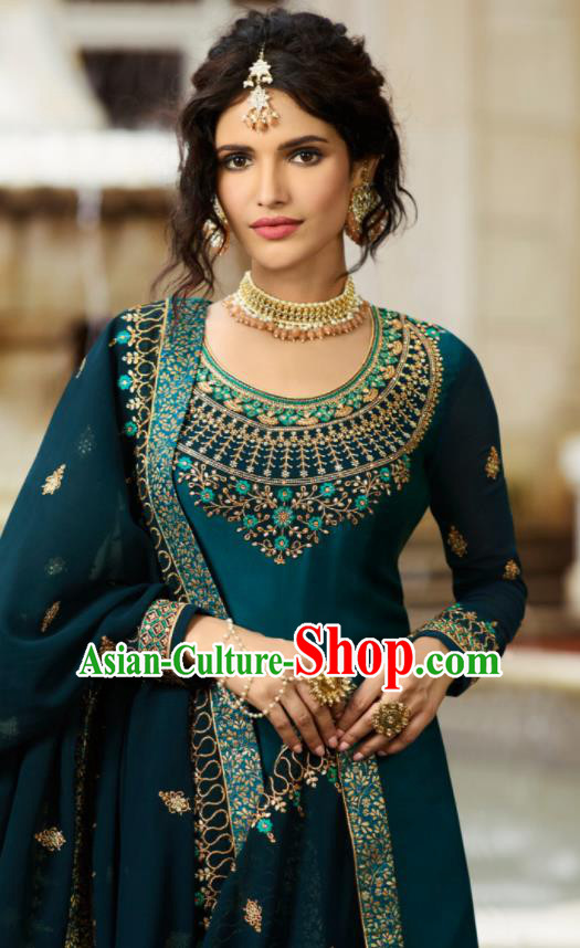 Asian Indian Punjabis Peacock Green Satin Blouse and Skirt India Traditional Lehenga Choli Costumes Complete Set for Women