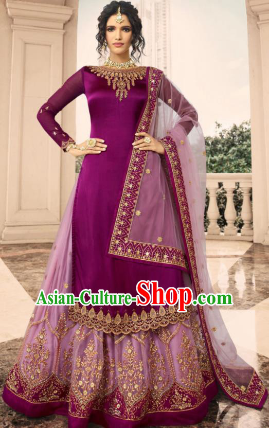 Asian Indian Punjabis Purple Satin Blouse and Skirt India Traditional Lehenga Choli Costumes Complete Set for Women