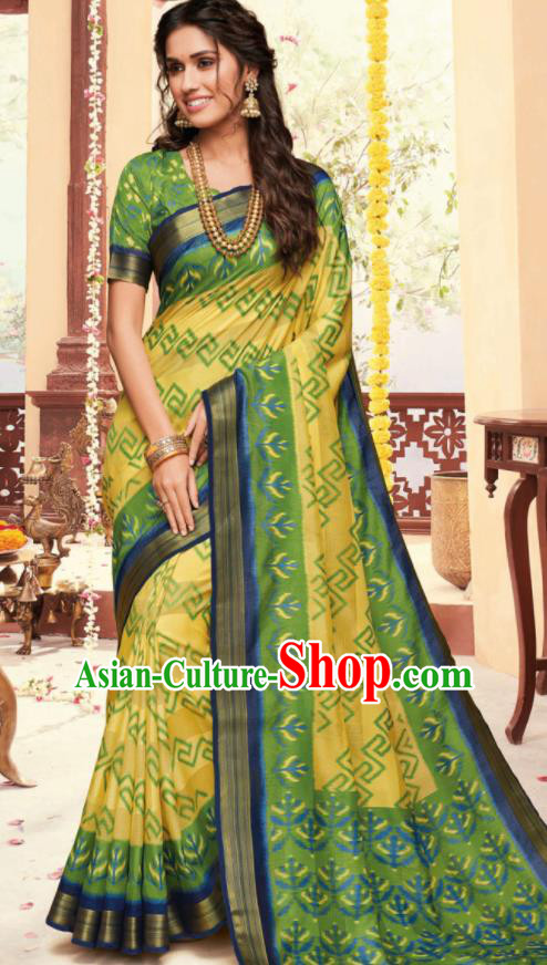 Asian Traditional Indian National Yellow Cotton Sari Dress India Lehenga Bollywood Costumes for Women