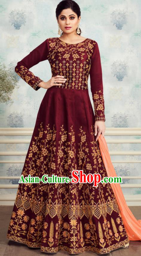Indian Traditional Bollywood Court Wine Red Silk Anarkali Dress Asian India National Festival Costumes for Women
