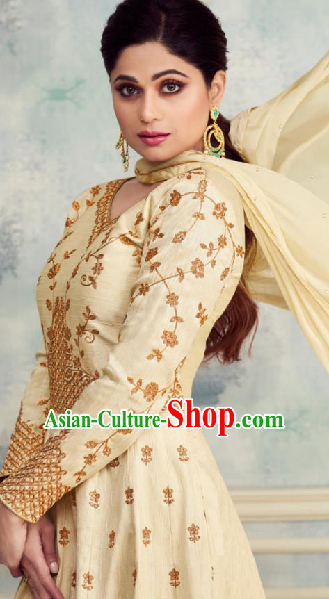 Indian Traditional Bollywood Court Light Yellow Silk Anarkali Dress Asian India National Festival Costumes for Women