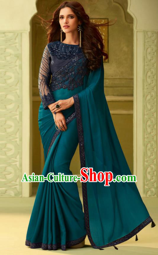 Indian Traditional Sari Bollywood Deep Green Silk Dress Asian India National Festival Costumes for Women