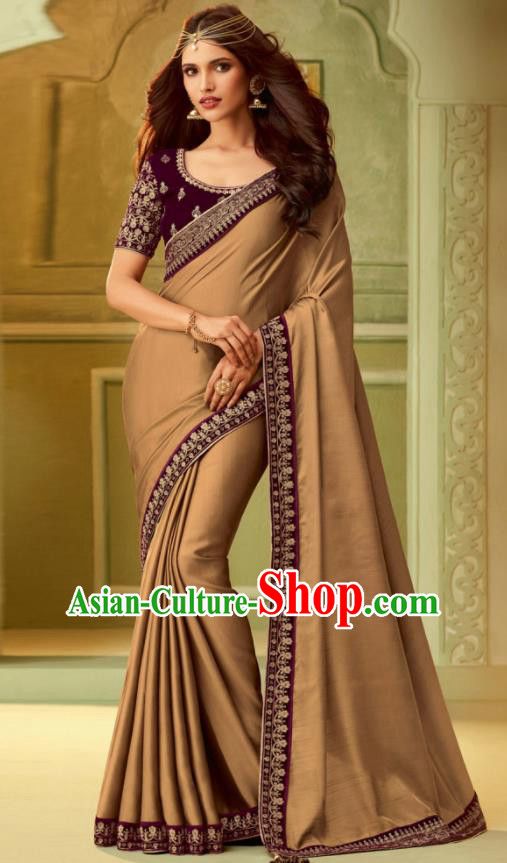 Indian Traditional Sari Bollywood Brown Silk Dress Asian India National Festival Costumes for Women