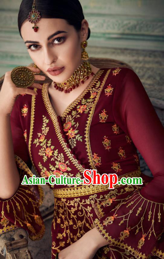 Asian Indian Punjabis Wine Red Blouse and Pants India Traditional Lehenga Choli Costumes Complete Set for Women