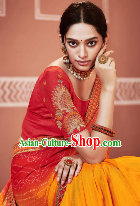 Indian Traditional Sari Bollywood Printing Orange Dress Asian India National Festival Costumes for Women