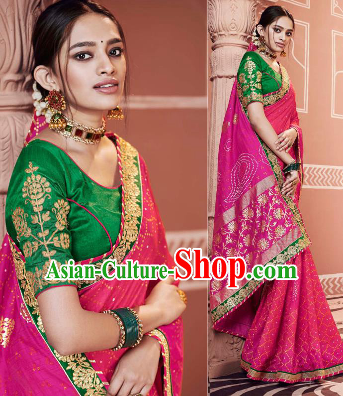 Indian Traditional Sari Bollywood Printing Rosy Dress Asian India National Festival Costumes for Women