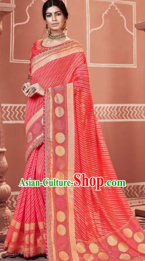 Indian Traditional Sari Bollywood Printing Pink Dress Asian India National Festival Costumes for Women