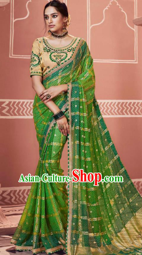 Indian Traditional Sari Bollywood Printing Deep Green Dress Asian India National Festival Costumes for Women