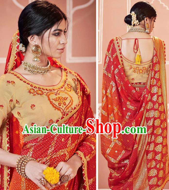 Indian Traditional Sari Bollywood Printing Red Dress Asian India National Festival Costumes for Women