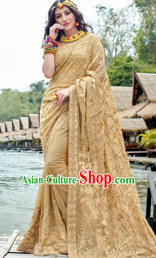 Indian Traditional Bollywood Court Embroidered Beige Georgette Sari Dress Asian India National Festival Costumes for Women