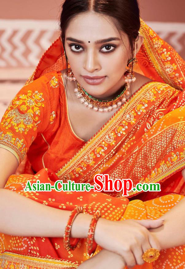 Indian Traditional Sari Bollywood Wedding Printing Orange Dress Asian India National Festival Costumes for Women