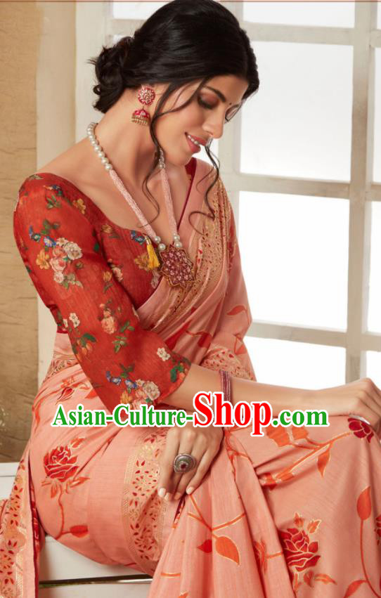Indian Traditional Bollywood Sari Pink Dress Asian India National Festival Costumes for Women