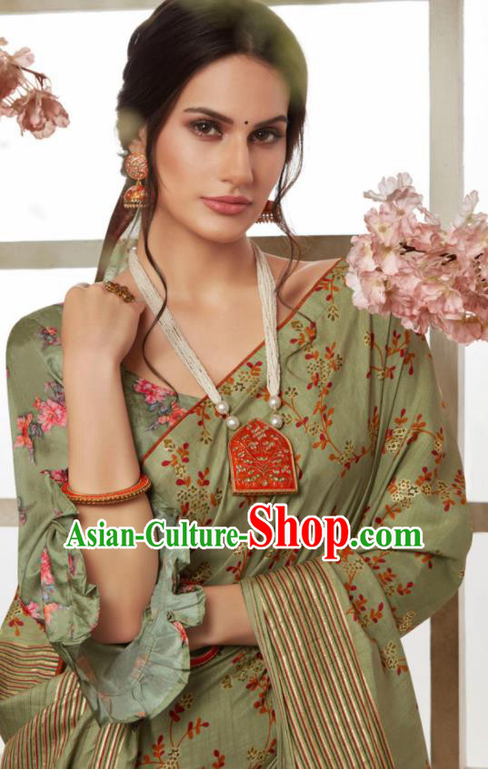 Indian Traditional Bollywood Sari Olive Green Dress Asian India National Festival Costumes for Women