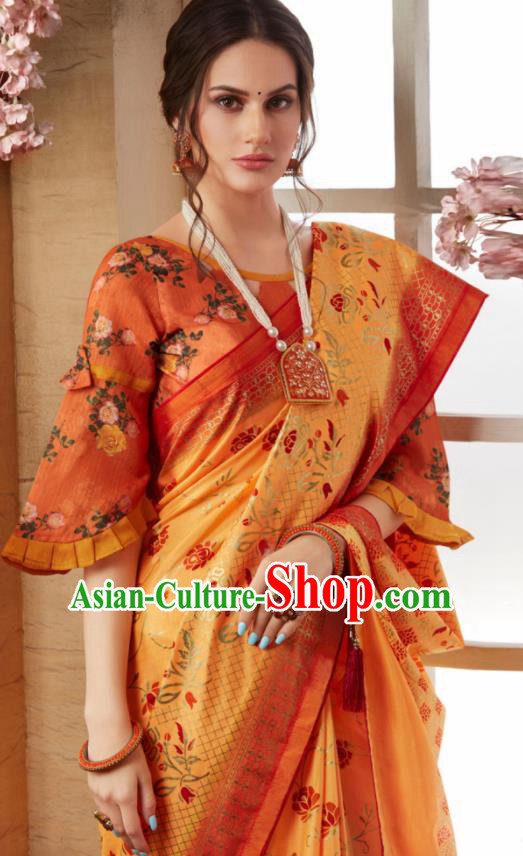 Indian Traditional Bollywood Sari Orange Dress Asian India National Festival Costumes for Women