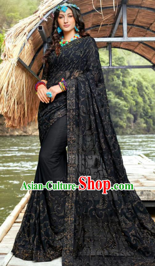 Indian Traditional Bollywood Court Embroidered Black Georgette Sari Dress Asian India National Festival Costumes for Women