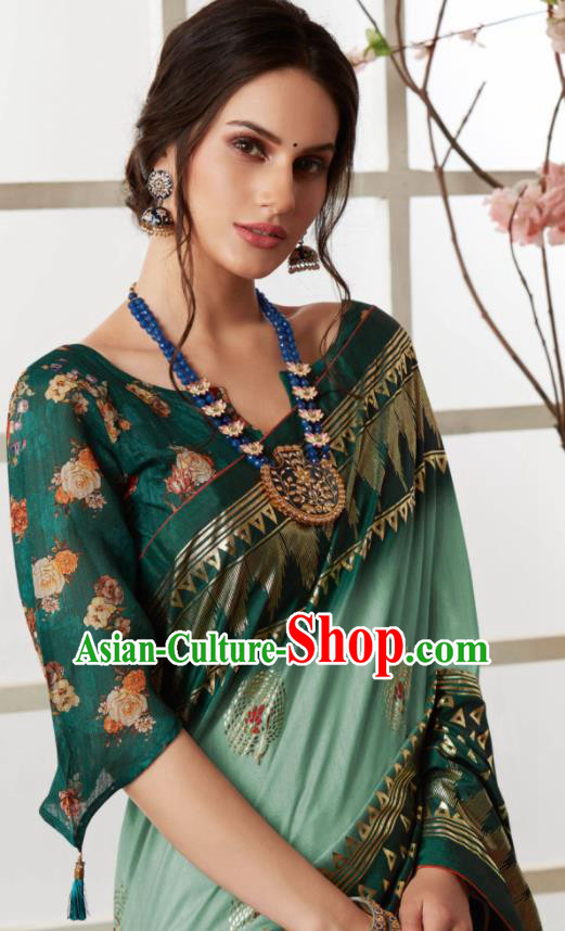 Indian Traditional Bollywood Sari Light Green Dress Asian India National Festival Costumes for Women