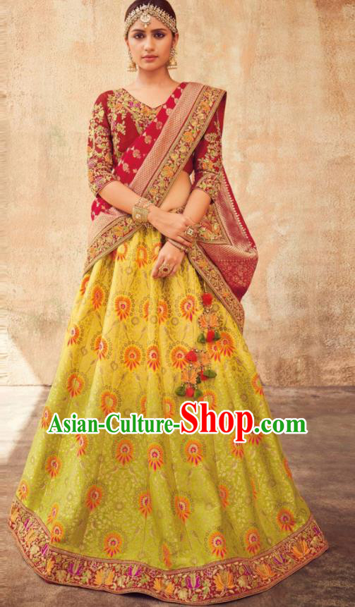 Indian Traditional Bollywood Lehenga Green Banarasi Silk Dress Asian India National Festival Costumes for Women