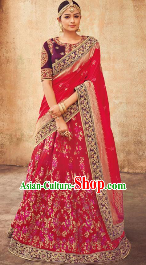 Indian Traditional Bollywood Lehenga Red Banarasi Silk Dress Asian India National Festival Costumes for Women