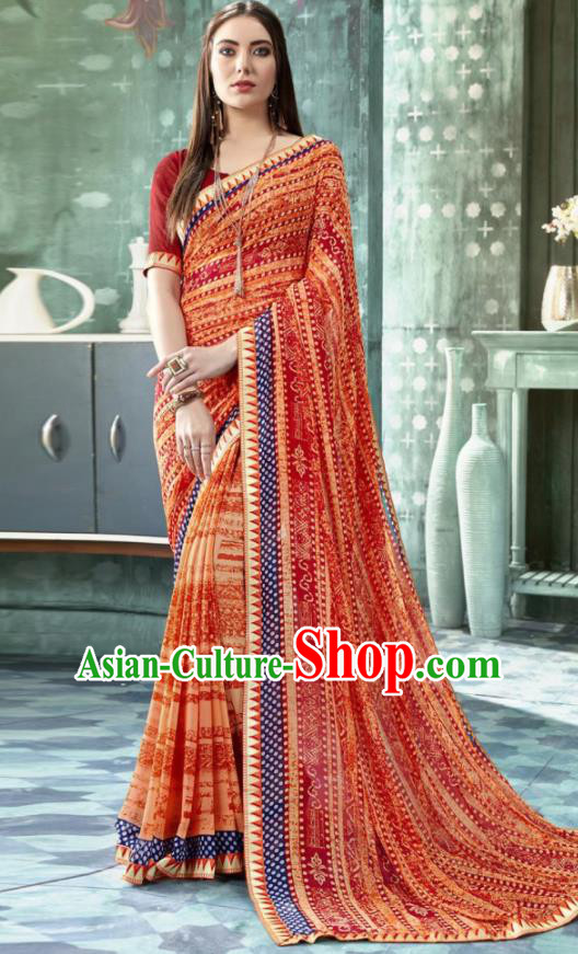 Indian Traditional Bollywood Printing Sari Red Dress Asian India National Festival Costumes for Women
