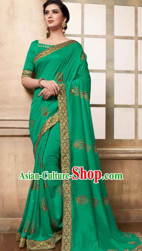 Indian Traditional Bollywood Embroidered Green Silk Sari Dress Asian India National Festival Costumes for Women