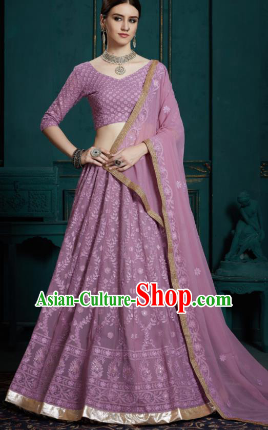 Indian Traditional Lehenga Embroidered Purple Dress Asian India National Festival Costumes for Women