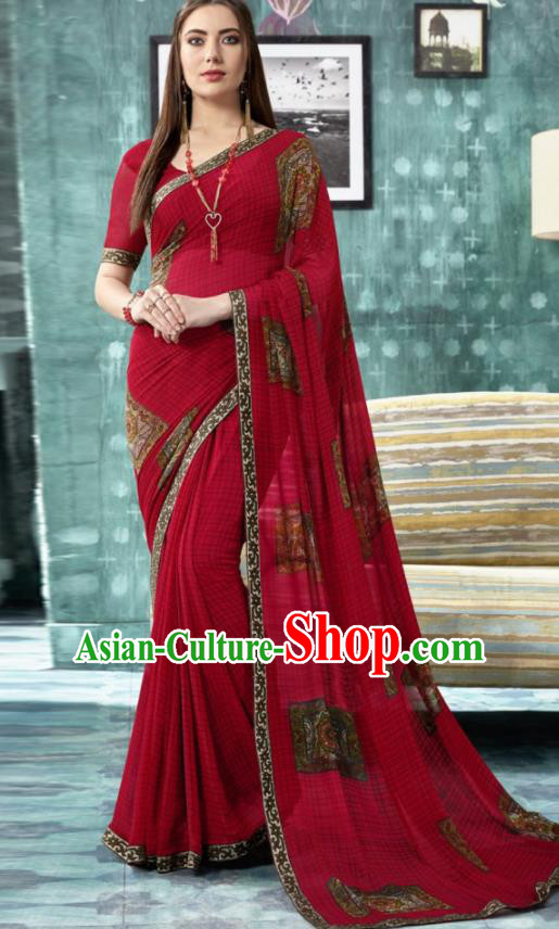 Indian Traditional Bollywood Printing Sari Dark Red Dress Asian India National Festival Costumes for Women