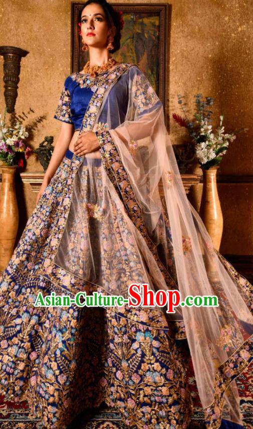Indian Traditional Bollywood Wedding Embroidered Lehenga Deep Blue Dress Asian India National Festival Costumes for Women