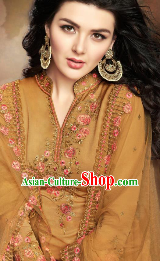 Asian Indian Traditional Embroidered Ginger Satin Blouse and Loose Pants India Punjabis Lehenga Choli Costumes Complete Set for Women