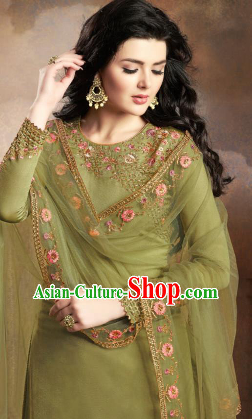 Asian Indian Traditional Embroidered Olive Green Satin Blouse and Loose Pants India Punjabis Lehenga Choli Costumes Complete Set for Women