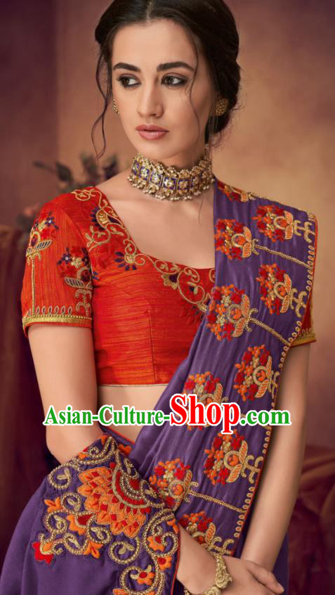 Indian Traditional Court Bollywood Embroidered Purple Sari Dress Asian India National Festival Costumes for Women