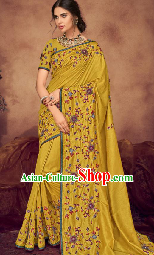 Indian Traditional Court Bollywood Embroidered Yellow Silk Sari Dress Asian India National Festival Costumes for Women