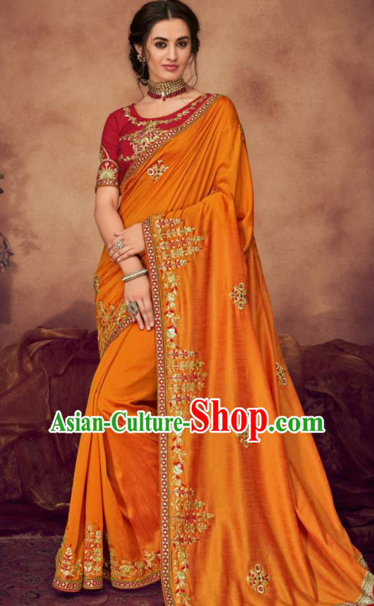 Indian Traditional Court Bollywood Embroidered Orange Sari Dress Asian India National Festival Costumes for Women