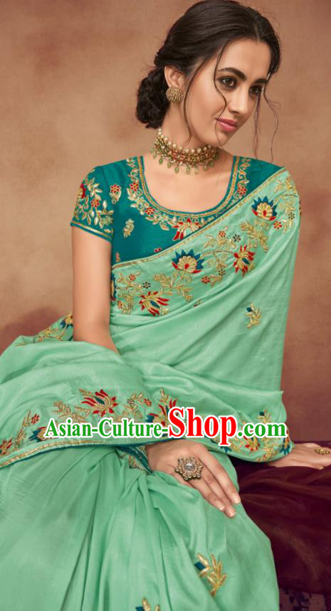 Indian Traditional Court Bollywood Embroidered Light Green Sari Dress Asian India National Festival Costumes for Women