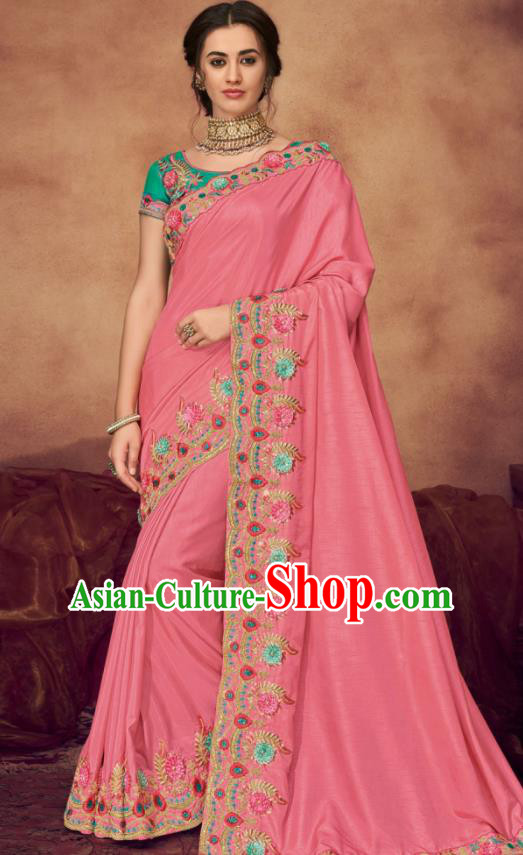 Indian Traditional Court Bollywood Embroidered Pink Sari Dress Asian India National Festival Costumes for Women