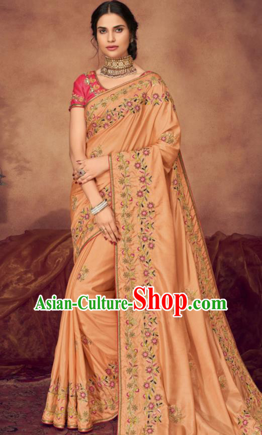 Indian Traditional Court Bollywood Embroidered Light Orange Sari Dress Asian India National Festival Costumes for Women