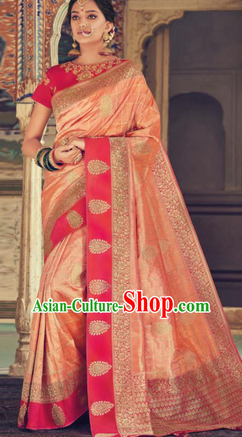 Indian Traditional Festival Light Pink Silk Sari Dress Asian India National Court Bollywood Costumes for Women