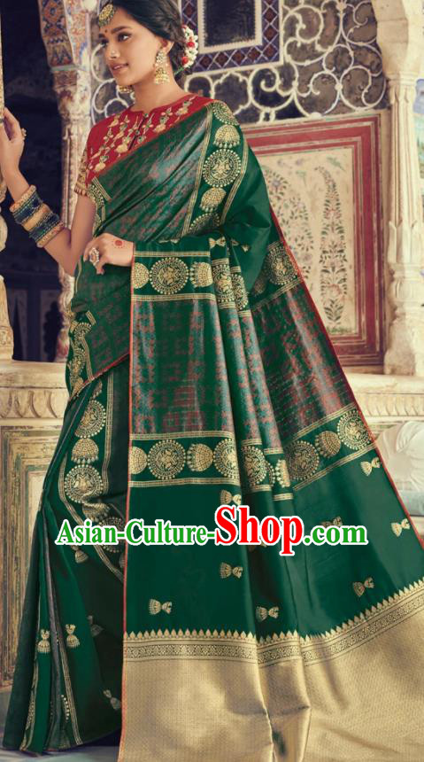 Indian Traditional Festival Deep Green Silk Sari Dress Asian India National Court Bollywood Costumes for Women