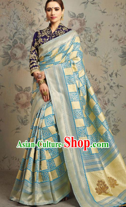 Indian Traditional Festival Jacquard Lake Blue Sari Dress Asian India National Court Bollywood Costumes for Women