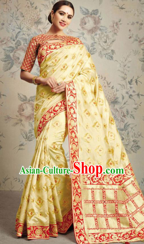 Indian Traditional Festival Jacquard Yellow Sari Dress Asian India National Court Bollywood Costumes for Women