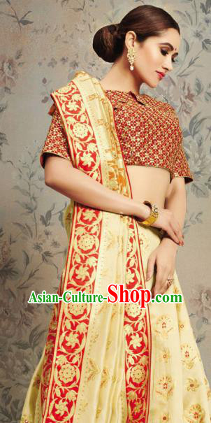 Indian Traditional Festival Jacquard Yellow Sari Dress Asian India National Court Bollywood Costumes for Women