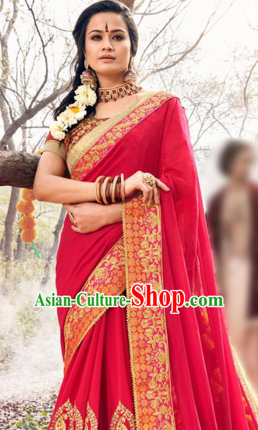 Indian Traditional Festival Rosy Georgette Sari Dress Asian India National Court Bollywood Costumes for Women