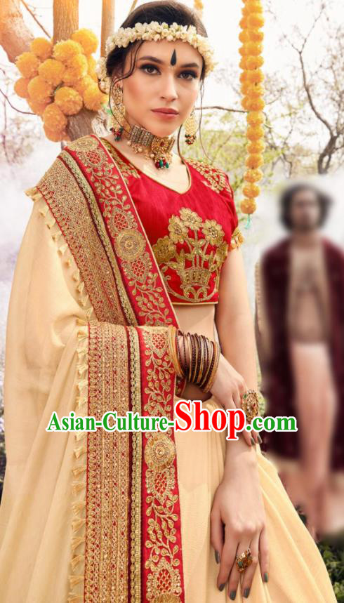 Indian Traditional Festival Apricot Georgette Sari Dress Asian India National Court Bollywood Costumes for Women