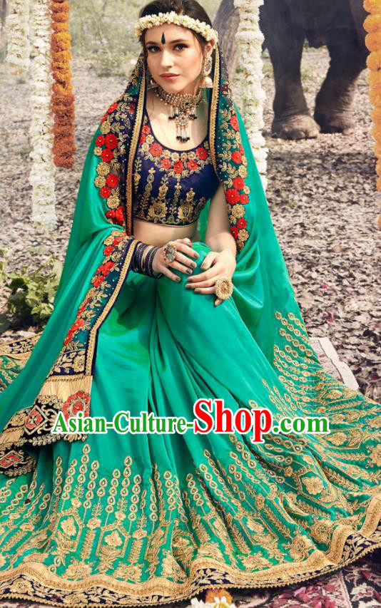 Indian Traditional Festival Green Georgette Sari Dress Asian India National Court Bollywood Costumes for Women