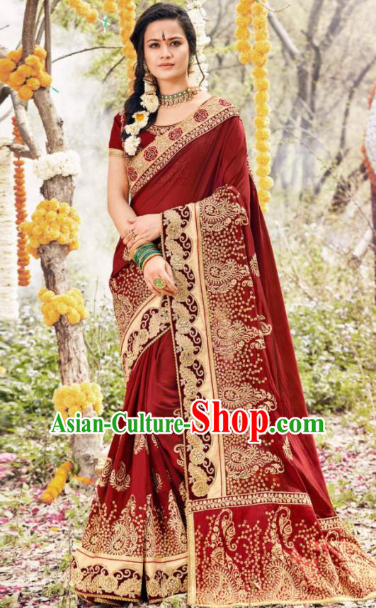 Indian Traditional Festival Purplish Red Georgette Sari Dress Asian India National Court Bollywood Costumes for Women